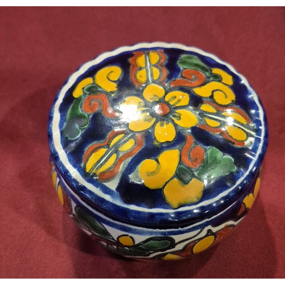 Vintage Talavera Castillo Pottery Lidded Trinket Dish Mexican Folk Art Painted